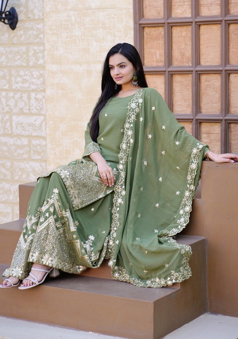 Mint Green Sequin Thread Embroidered Faux Georgette Sharara Set