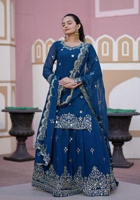 Blue Sequin Thread Embroidered Faux Georgette Sharara Set