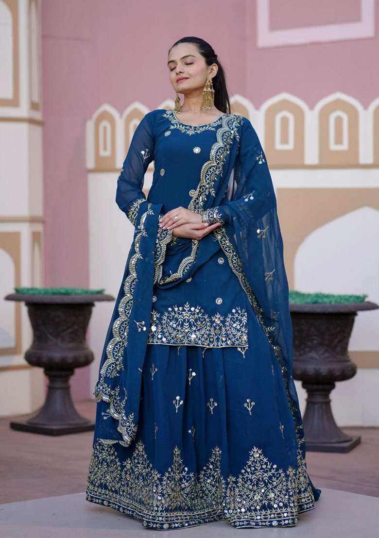 Blue Embroidered Faux Blooming Sharara Set - Indya
