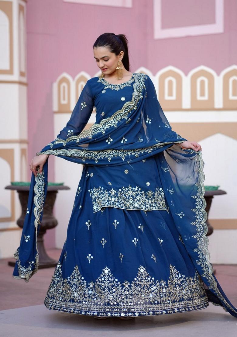 Blue Sequin Thread Embroidered Faux Georgette Sharara Set