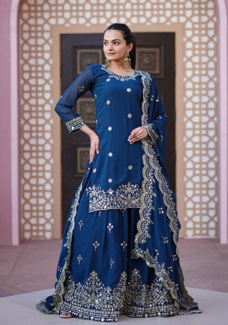 Blue Embroidered Faux Blooming Sharara Set - Indya