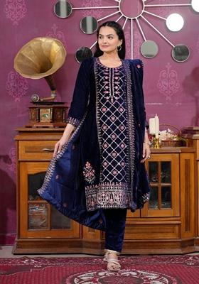 Blue Sequin Thread Embroidered Velvet Kurta Set