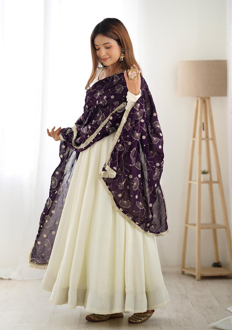 Off White Sequin Thread Embroidered Pure Vichitra Silk Anarkali Set