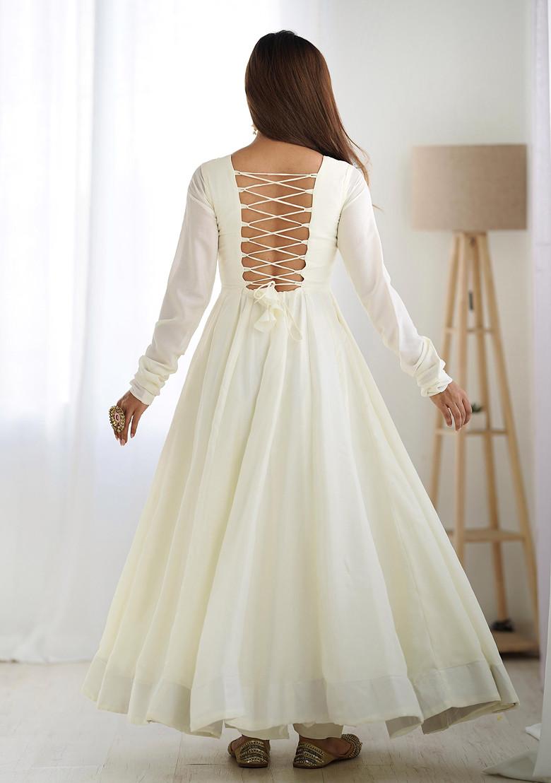 Off White Sequin Thread Embroidered Pure Vichitra Silk Anarkali Set