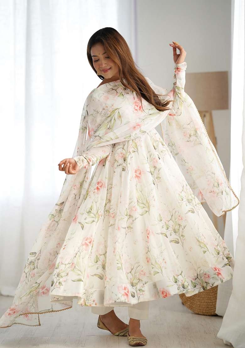Off White Floral Print Organza Anarkali Set - Indya