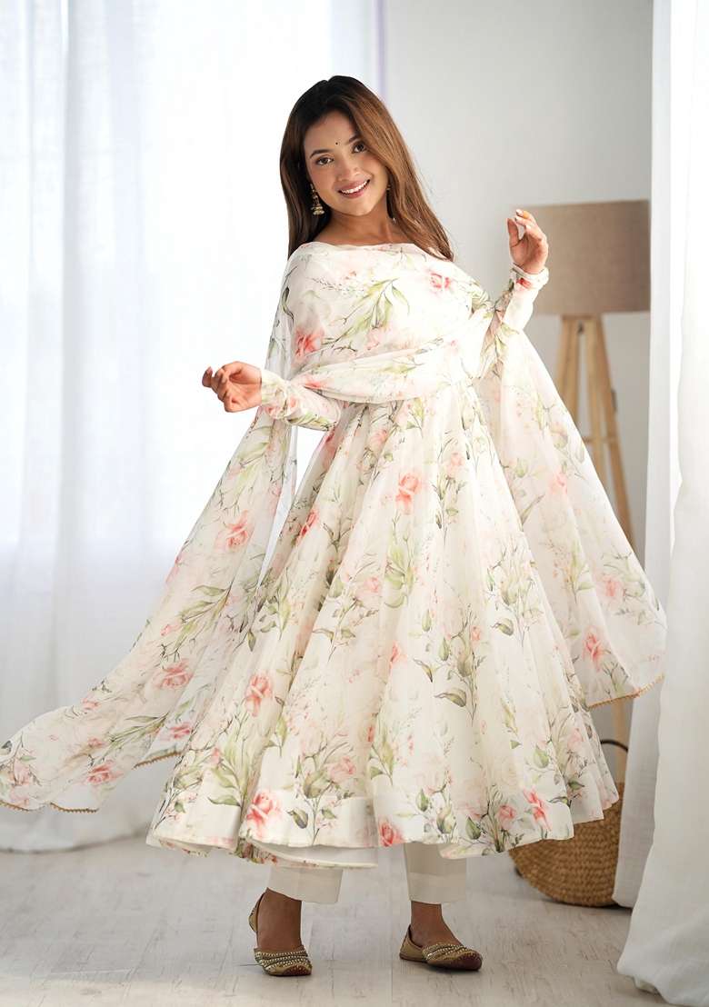 Off White Floral Print Organza Anarkali Set - Indya