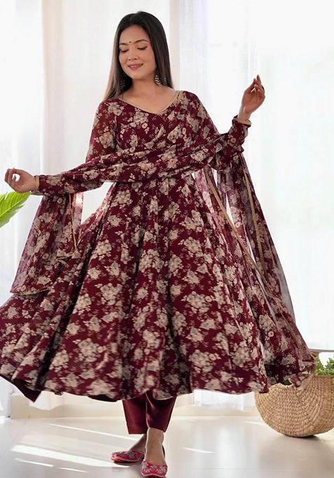 Multicolor Floral Print Faux Blooming Anarkali Set — view on Indya