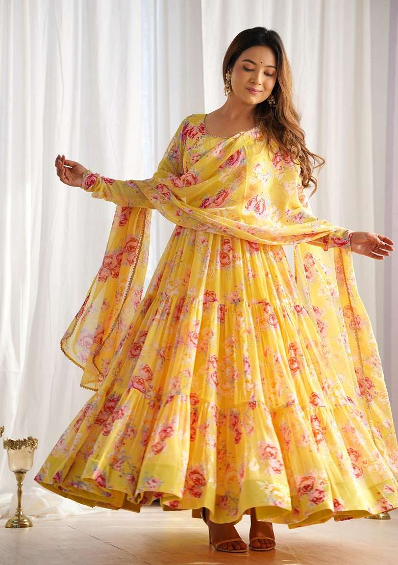 Multicolor Floral Print Faux Blooming Anarkali Set - Indya
