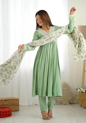 Pista Green Digital Print Roman Silk Chanderi Kurta Set