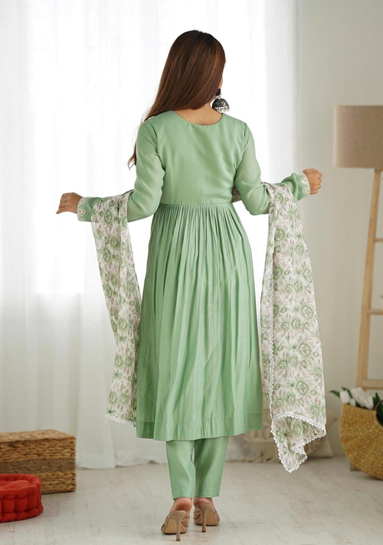 Pista Green Digital Print Roman Silk Chanderi Kurta Set