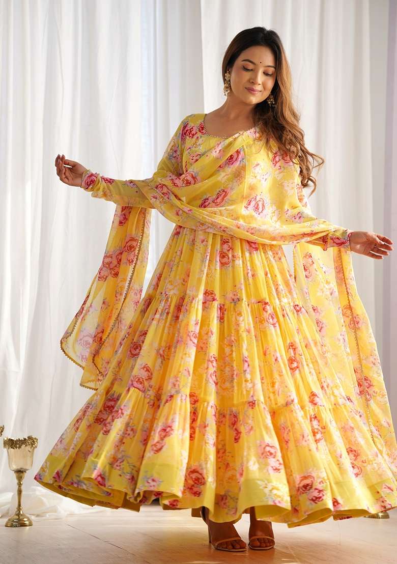 Yellow Printed Faux Georgette Anarkali With Dupatta - Indya