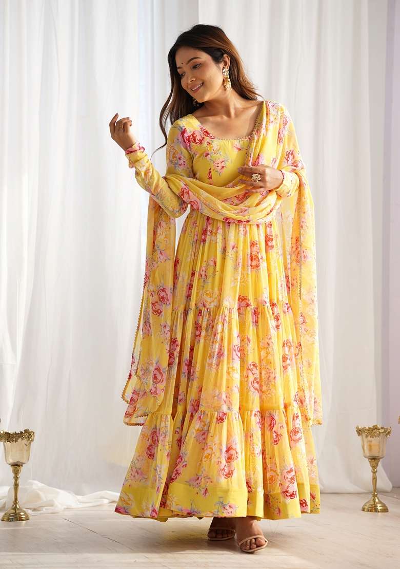 Yellow Printed Faux Georgette Anarkali With Dupatta - Indya