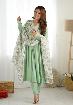 Pista Green Embroidered Roman Silk Kurta Set