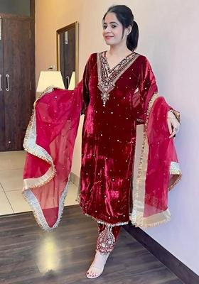 Maroon Embroidered Velvet Kurta Set