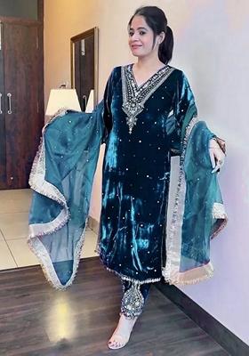 Teal Embroidered Velvet Kurta Set