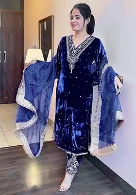 Blue Embroidered Velvet Kurta Set