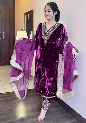 Purple Embroidered Velvet Kurta Set
