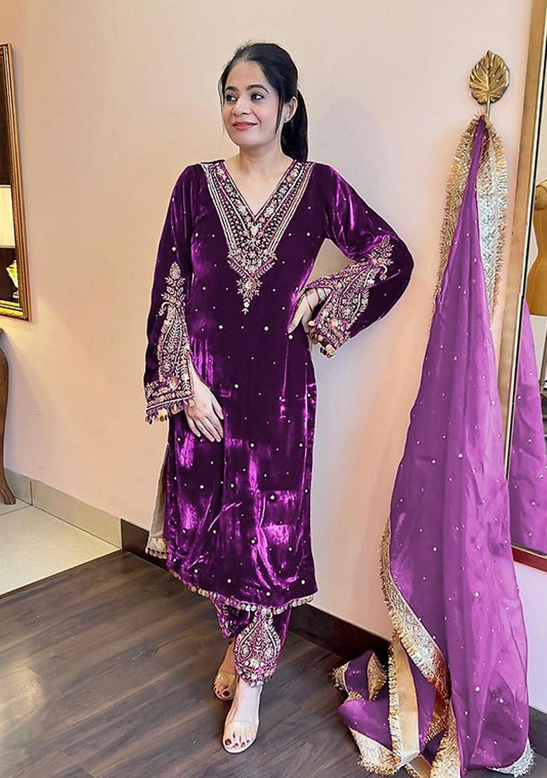 Purple Embroidered Velvet Kurta Set