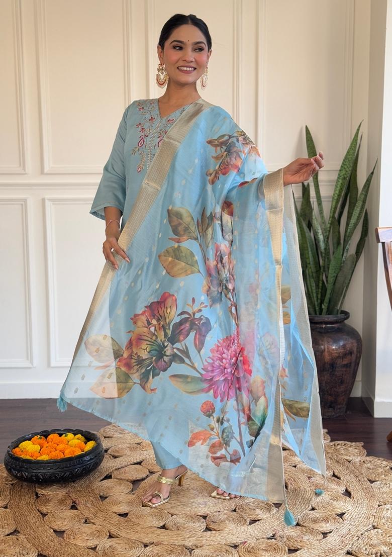 Sky Blue Embroidered Chanderi Viscose Kurta set