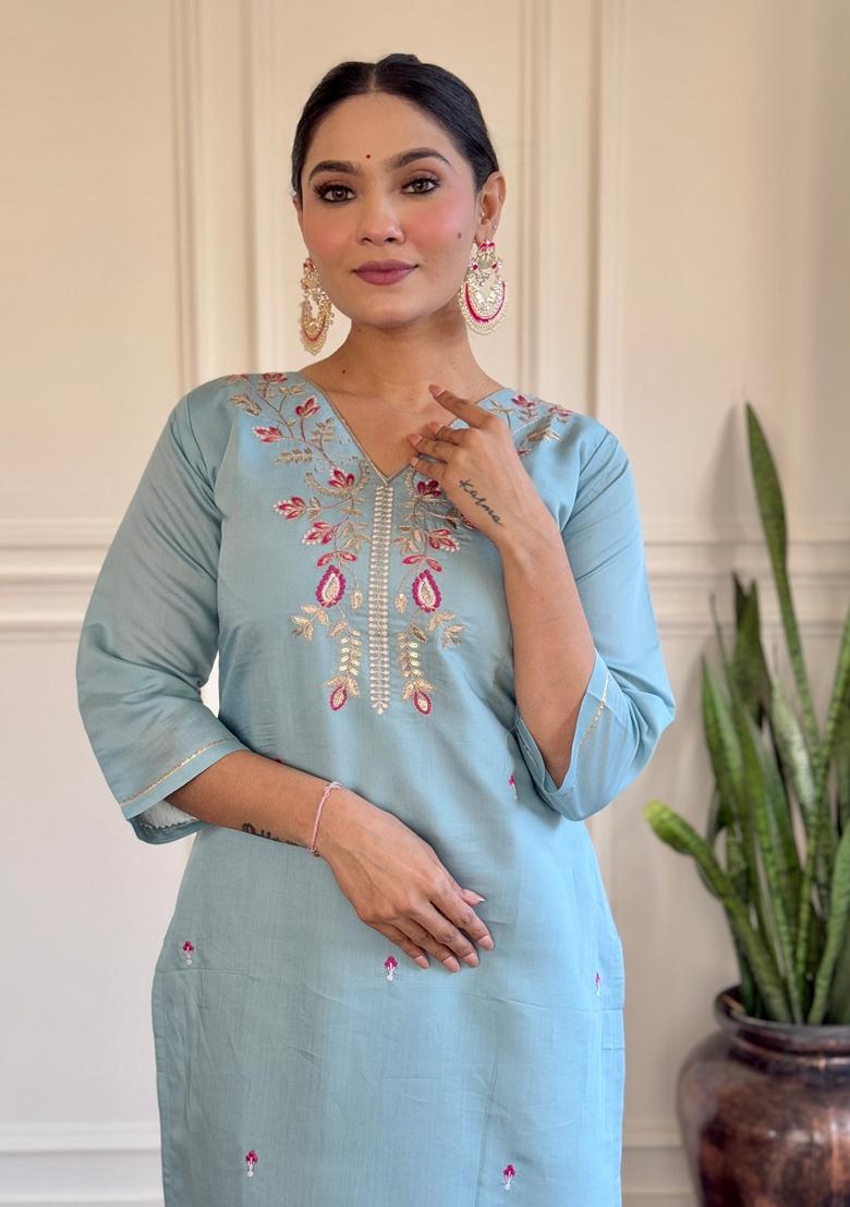 Sky Blue Embroidered Chanderi Viscose Kurta set