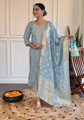 Sky Blue Embroidered Chanderi Viscose Kurta set