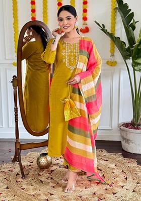 Mustard Embroidered Chanderi Viscose Kurta set