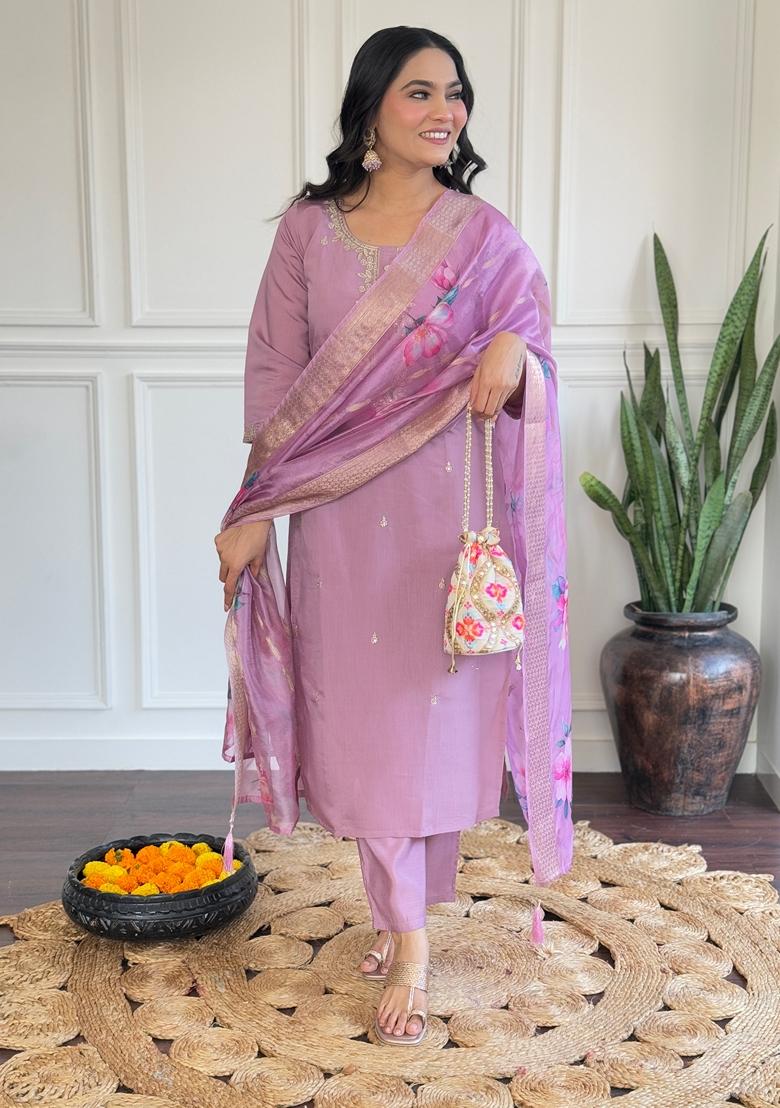 Light Purple Embroidered Chanderi Kurta set