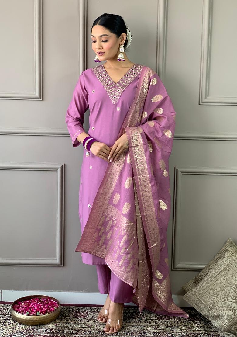 Mauve Embroidered Chanderi Silk Kurta set