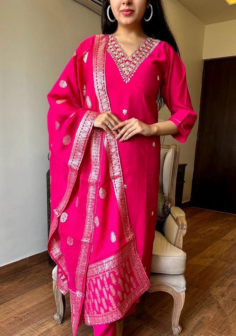 Rani Pink Embroidered Chanderi Silk Kurta set
