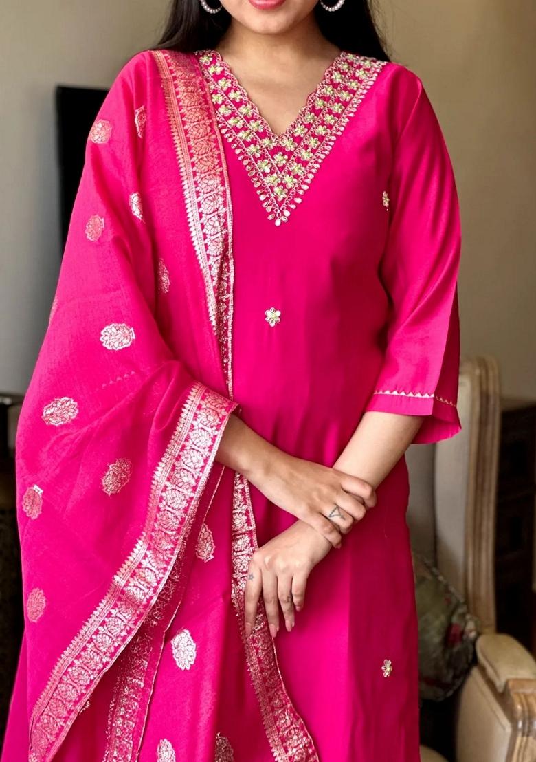 Rani Pink Embroidered Chanderi Silk Kurta set
