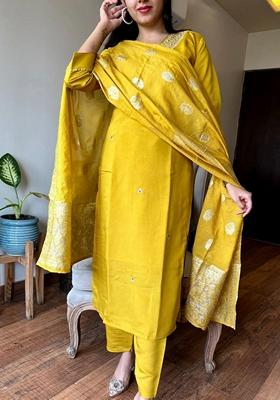 Mustard Embroidered Chanderi Silk Kurta set