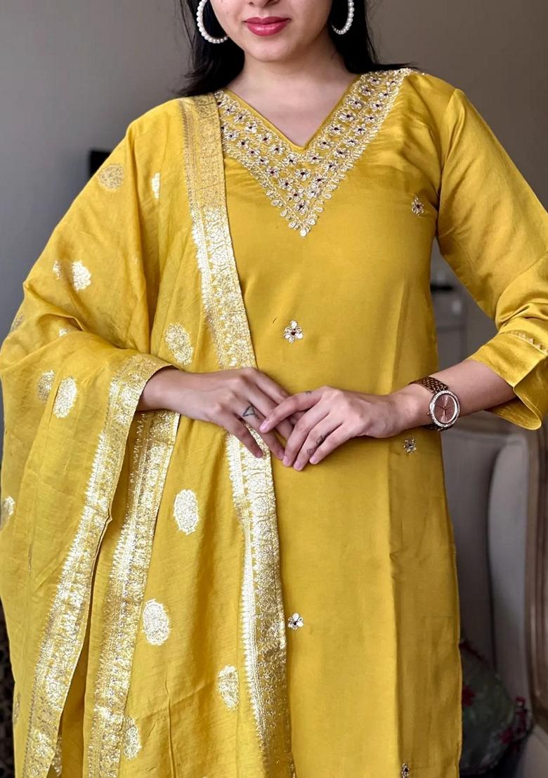 Mustard Embroidered Chanderi Silk Kurta set