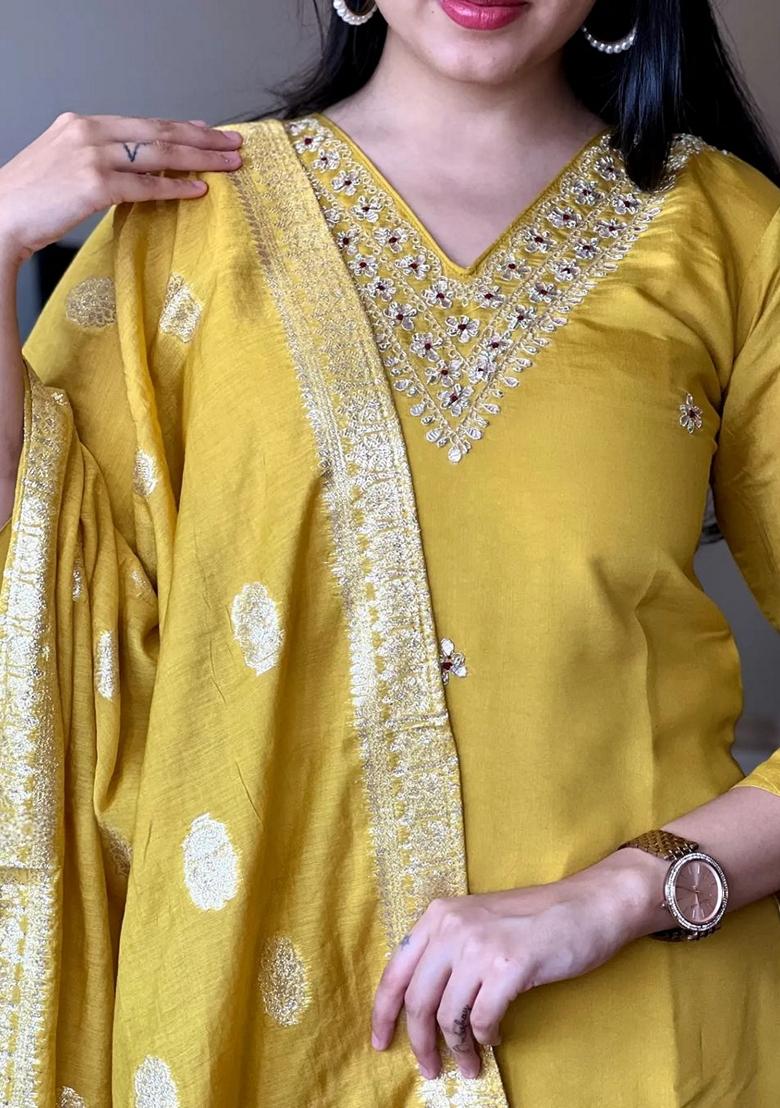 Mustard Embroidered Chanderi Silk Kurta set