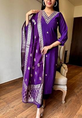 Purple Embroidered Chanderi Silk Kurta set