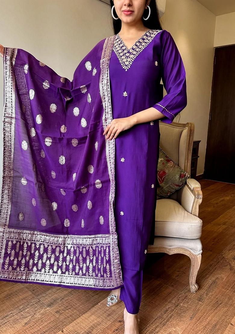 Purple Embroidered Chanderi Silk Kurta set