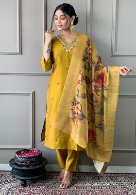 Mustard Embroidered Chanderi Silk Kurta set