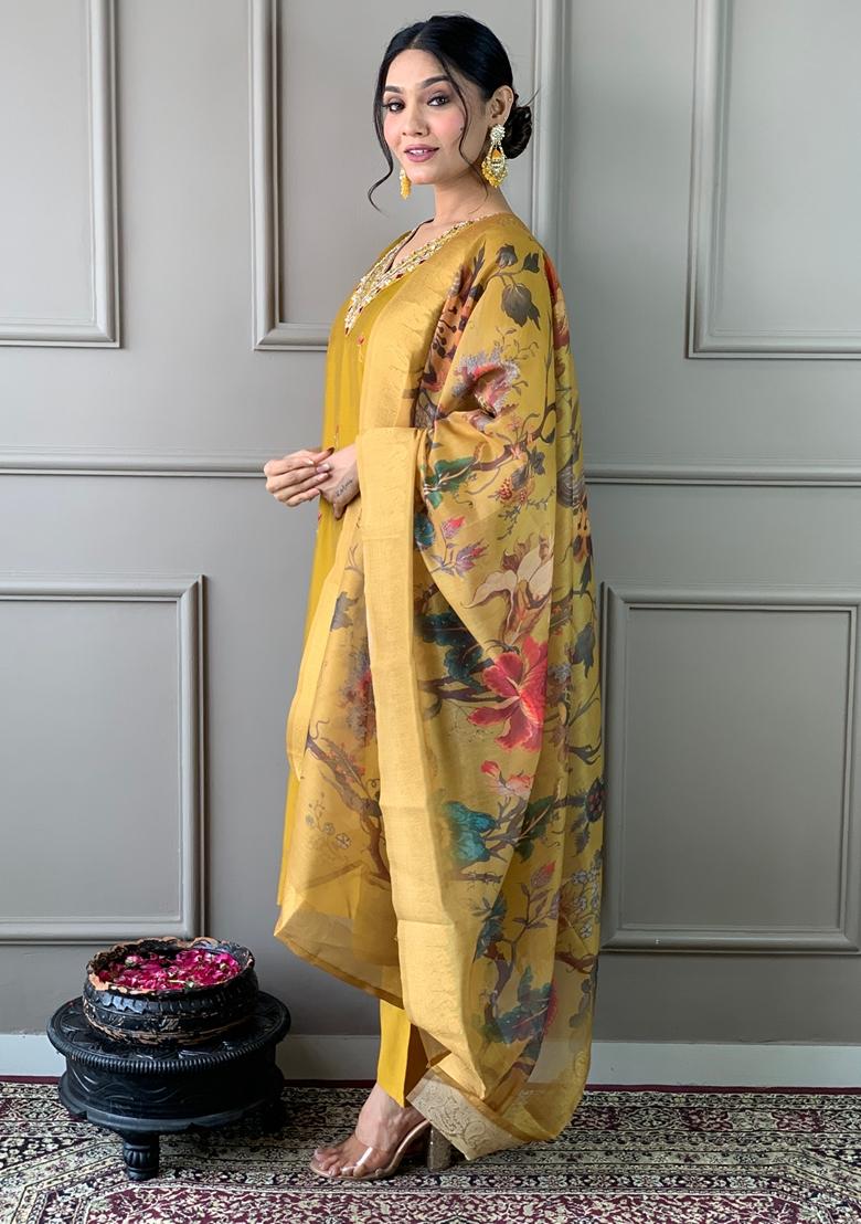 Mustard Embroidered Chanderi Silk Kurta set