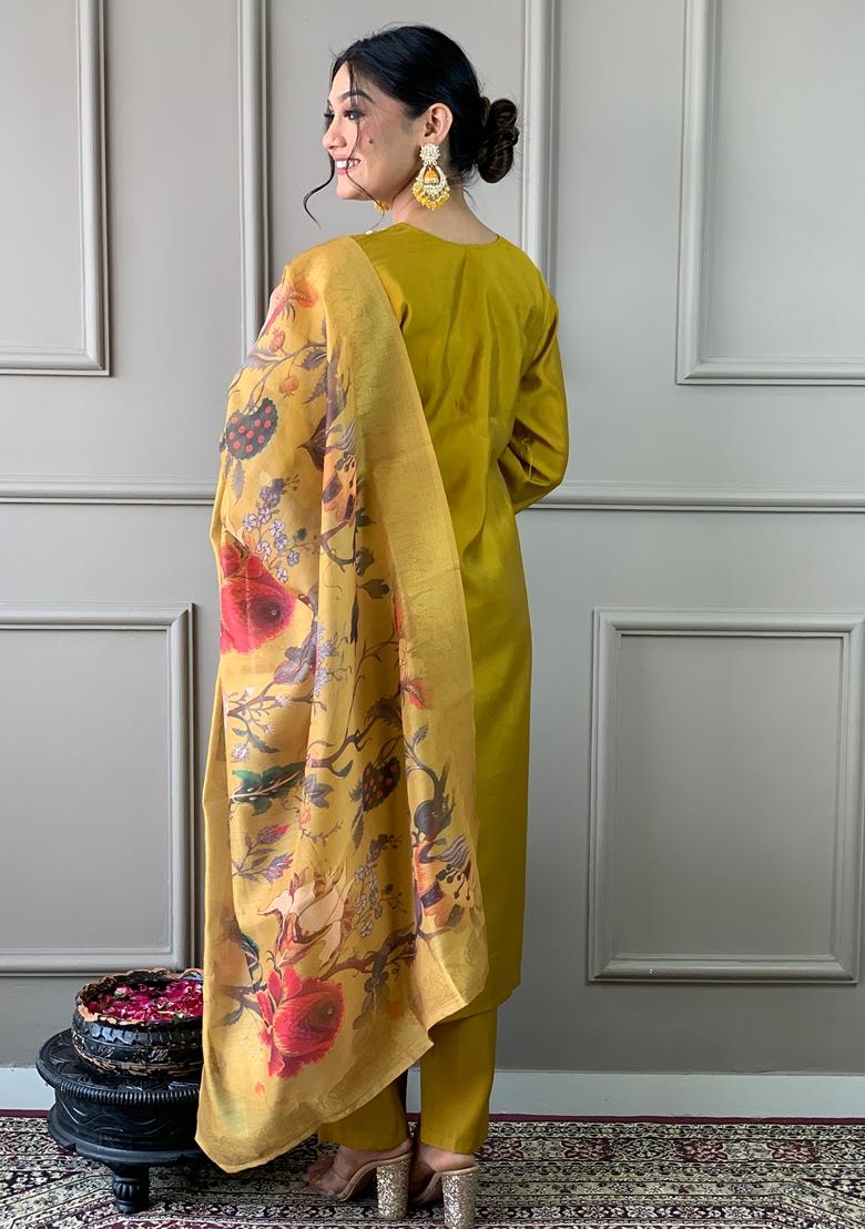 Mustard Embroidered Chanderi Silk Kurta set