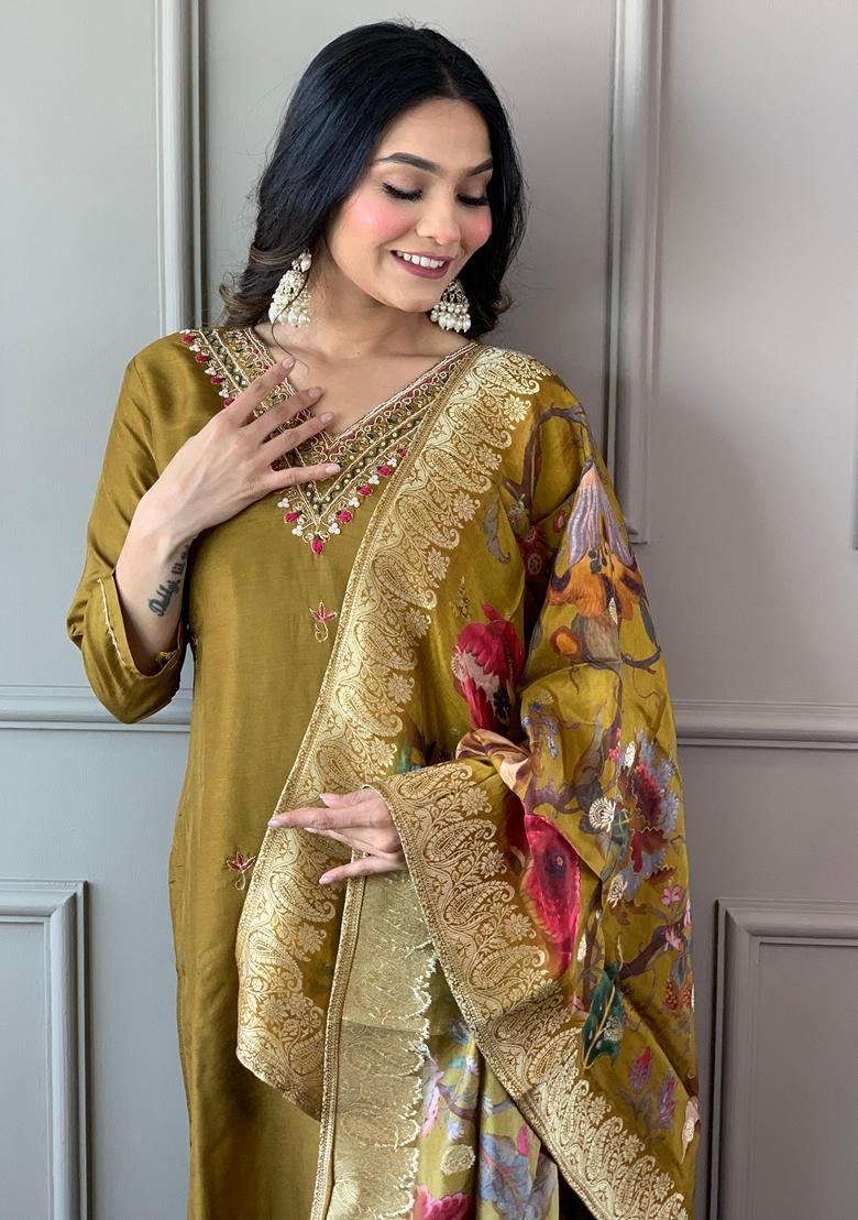 Dark Mustard Embroidered Chanderi Silk Kurta set