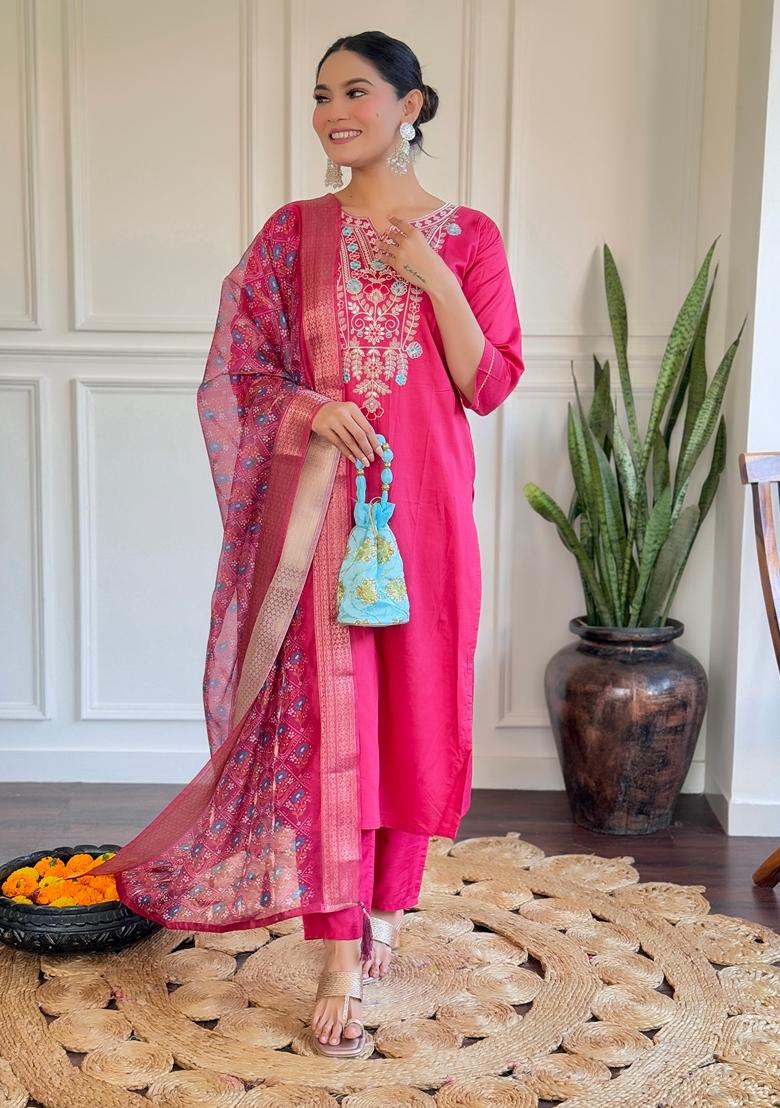 Rani Pink Embroidered Chanderi Kurta set