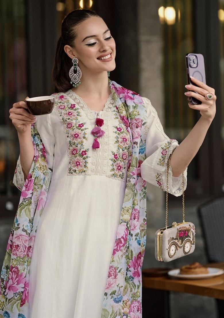 Off White Embroidered Chanderi Cotton Kurta set