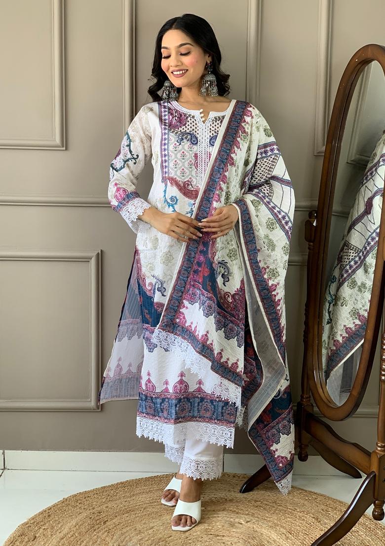 White Printed Muslin Kurta set