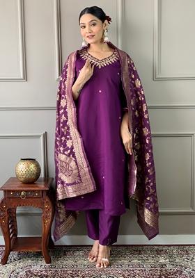 Dark Purple Embroidered Chanderi Silk Kurta set