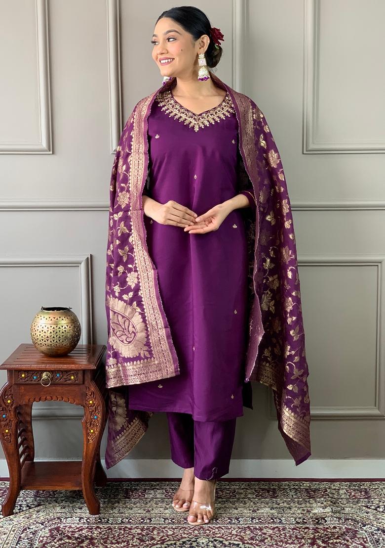 Dark Purple Embroidered Chanderi Silk Kurta set
