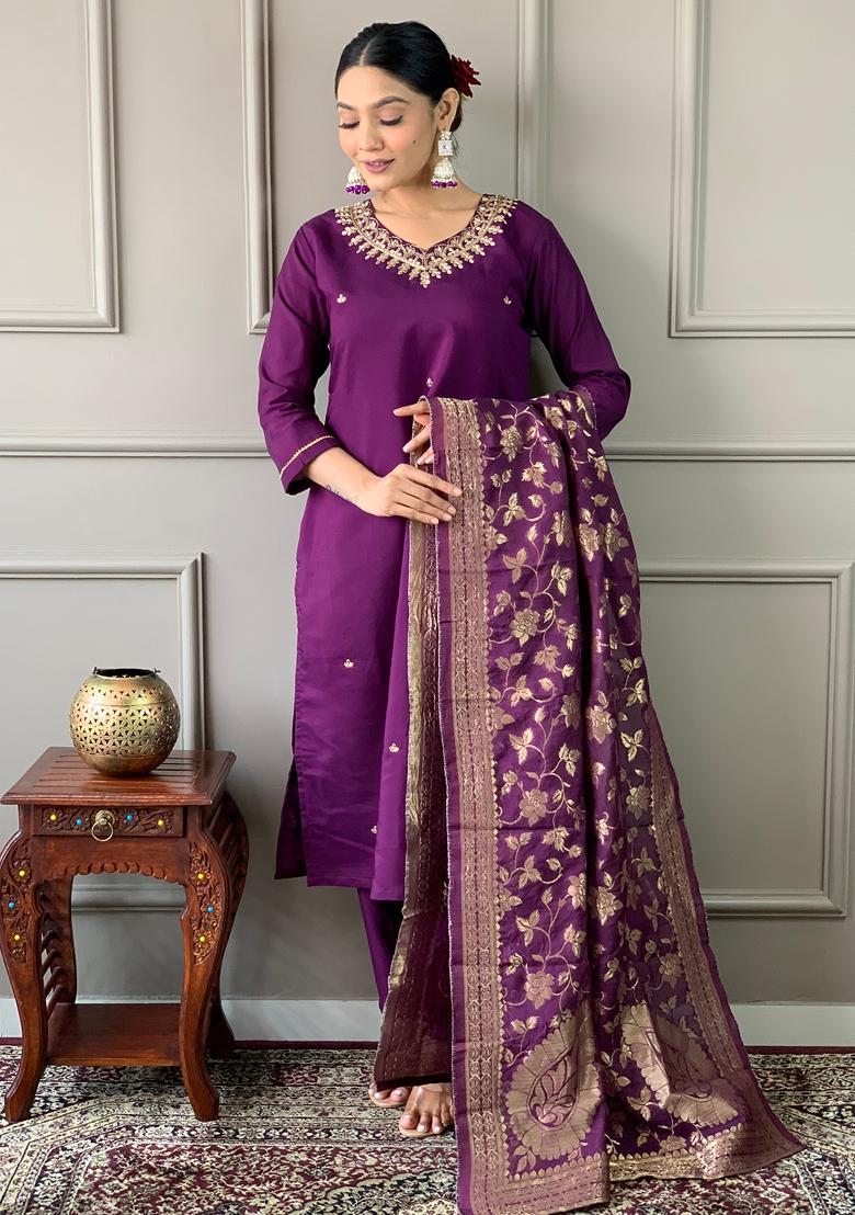 Dark Purple Embroidered Chanderi Silk Kurta set