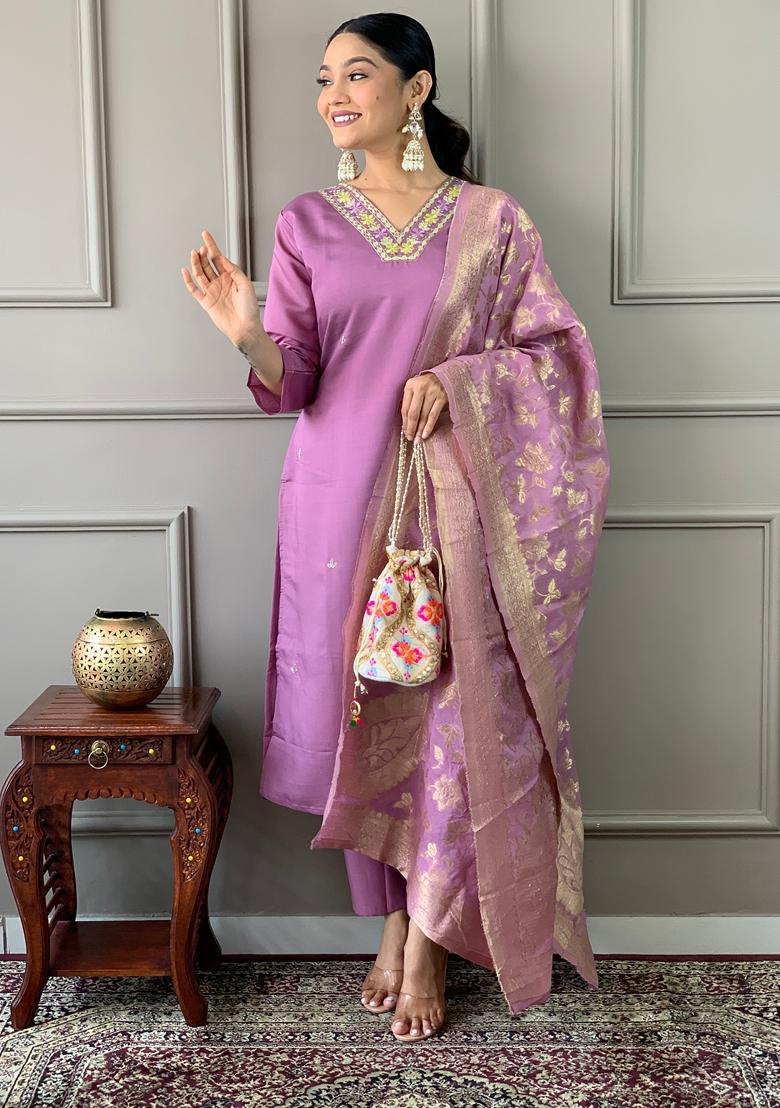 Mauve Embroidered Chanderi Viscose Kurta set