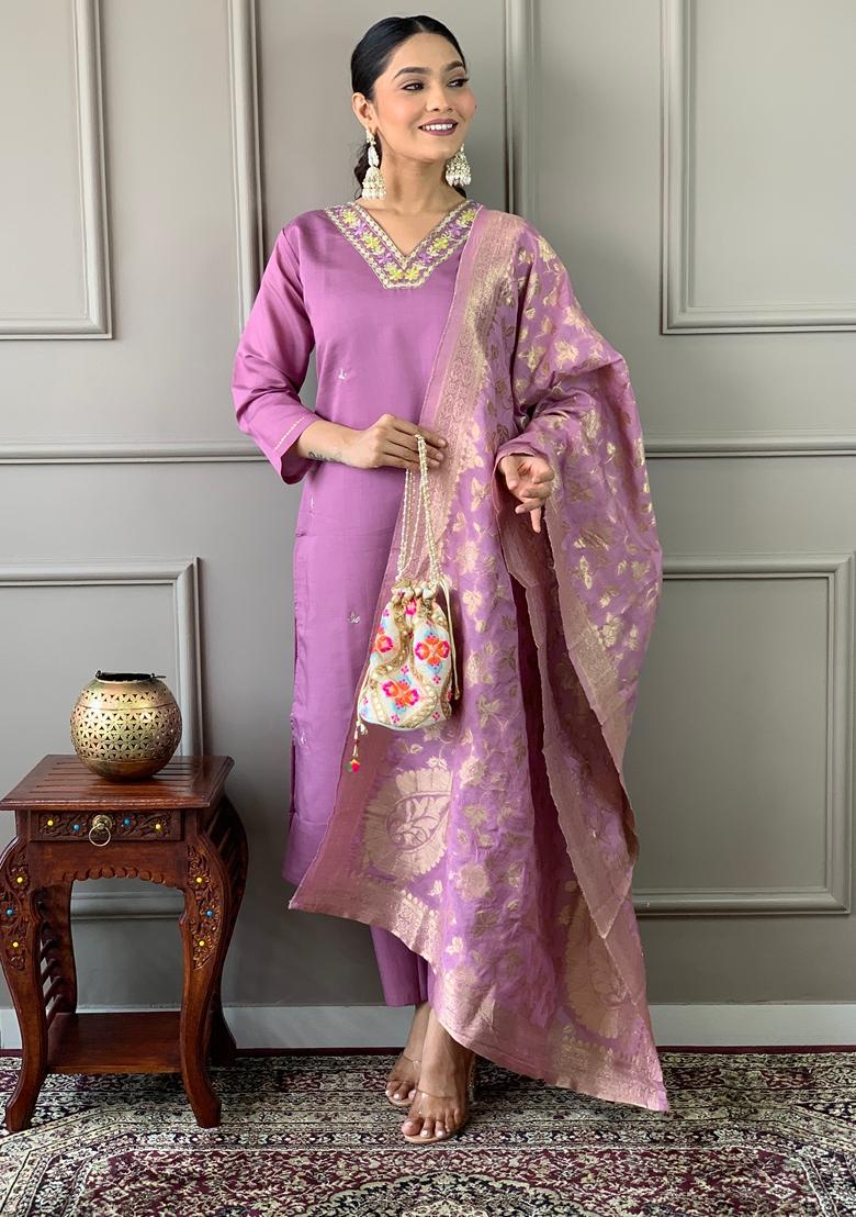 Mauve Embroidered Chanderi Viscose Kurta set