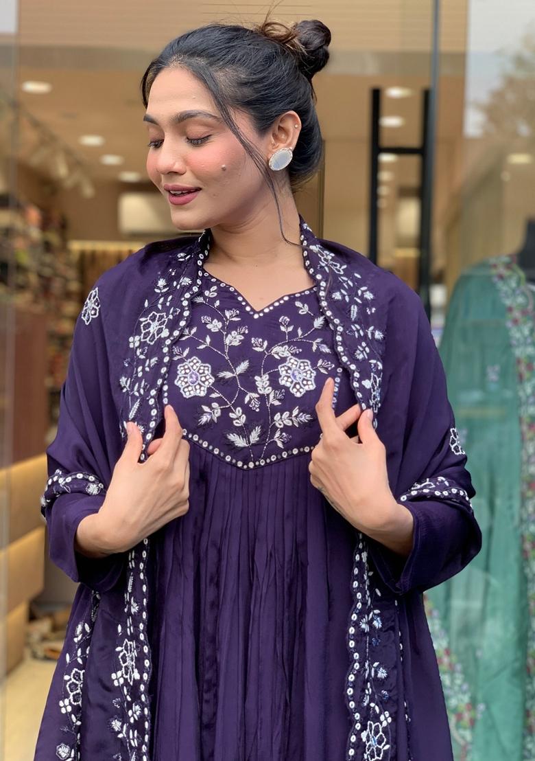 Dark Purple Embroidered Chanderi Silk Kurta set