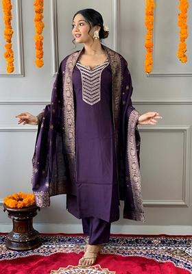 Dark Purple Embroidered Chanderi Silk Kurta set