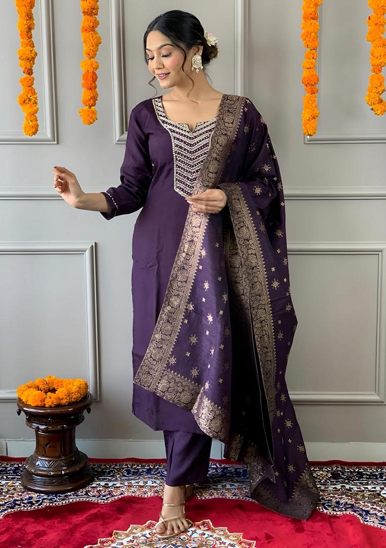 Dark Purple Embroidered Chanderi Silk Kurta set